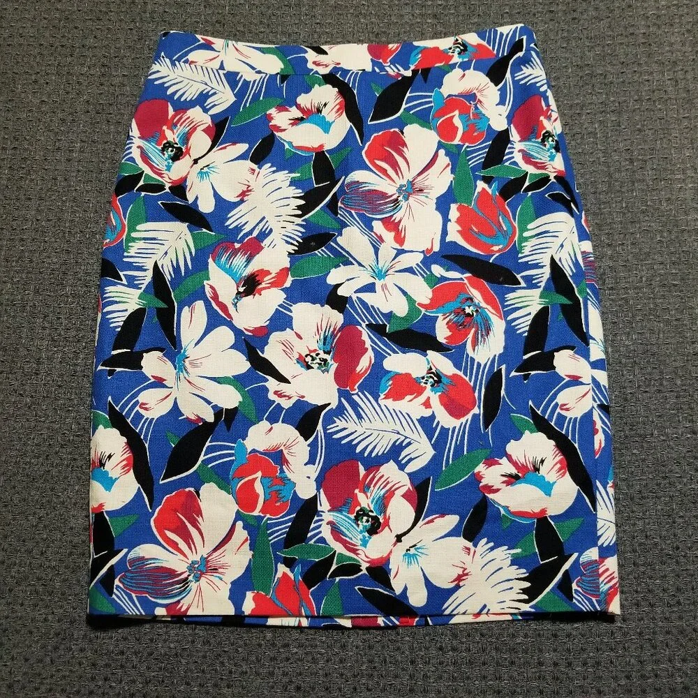 J Crew Blue Tropical Floral Print Pencil Skirt Women's 4